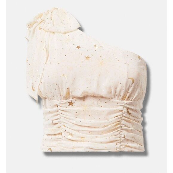 Torrid 4XL Chiffon satin  Foil One Shoulder Crop Top Ivory Plus astronomy - Picture 2 of 9